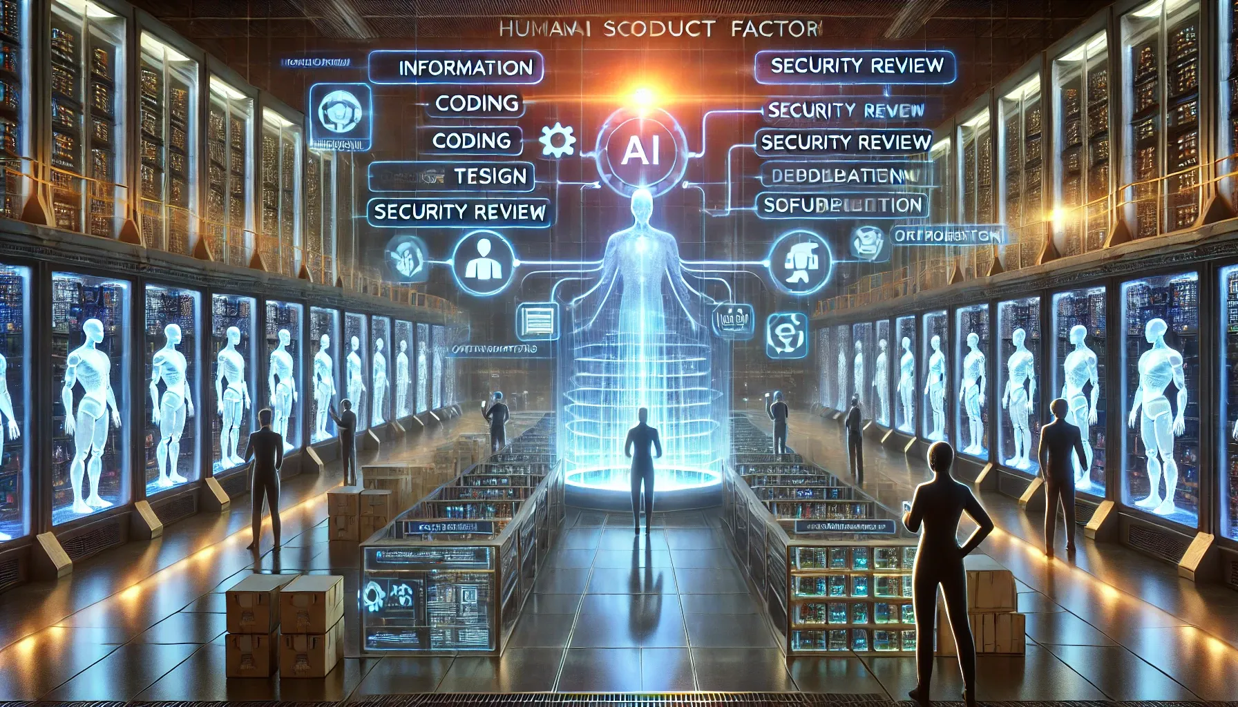 AI Software Factory - humans overseeing AI agents working on code, security reviews, and deployments